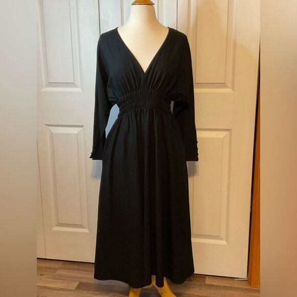 Zara Long Sleeve Black V Neck Midi Dress Small - Picture 1 of 6